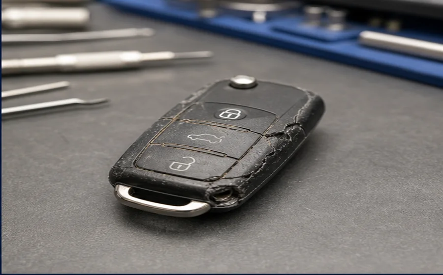Damaged car key fob before replacement